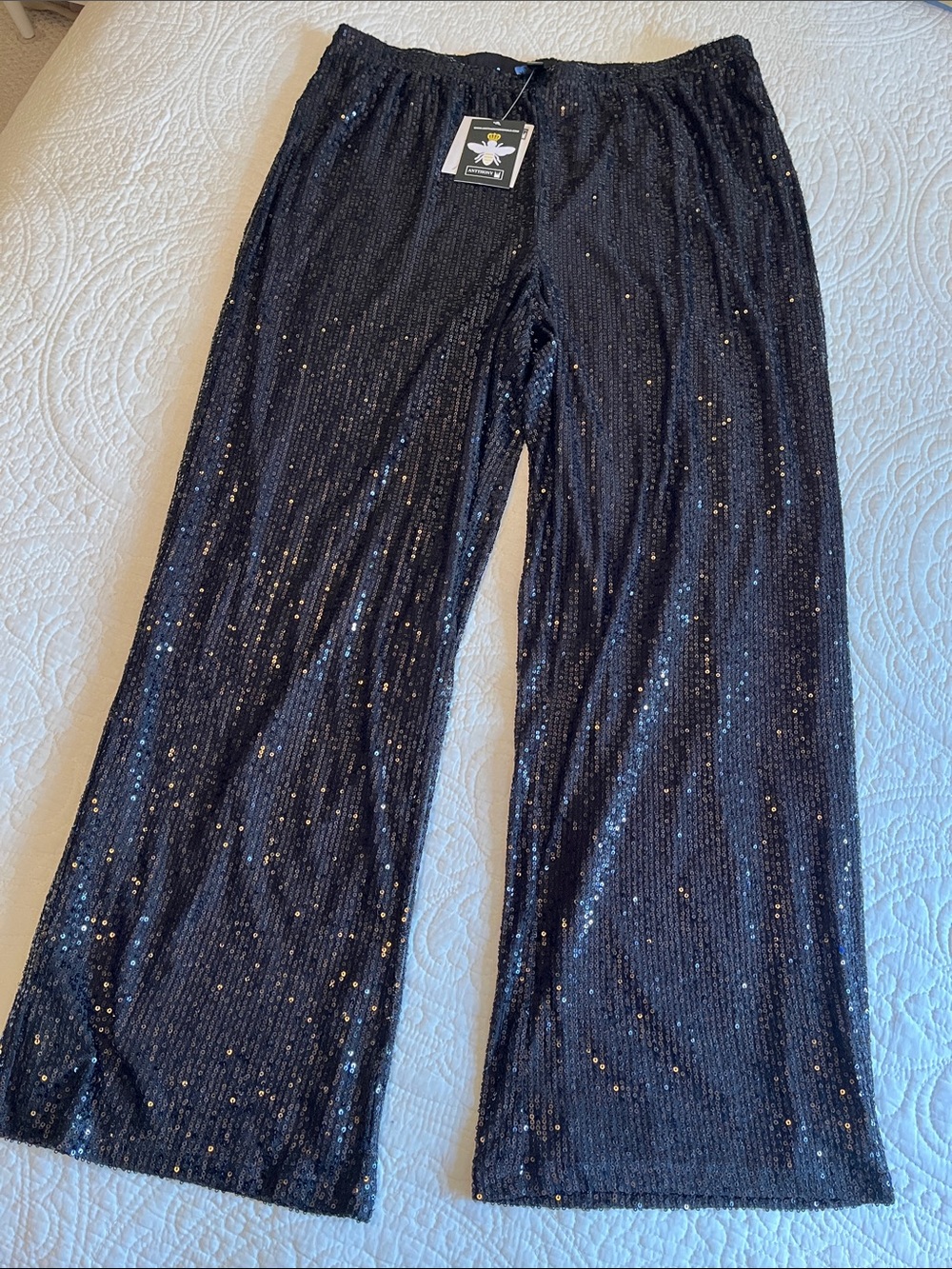 NWT Anthony Sequin Wide Leg Pants Lined Women's 1X Black Party Dressy Flowy